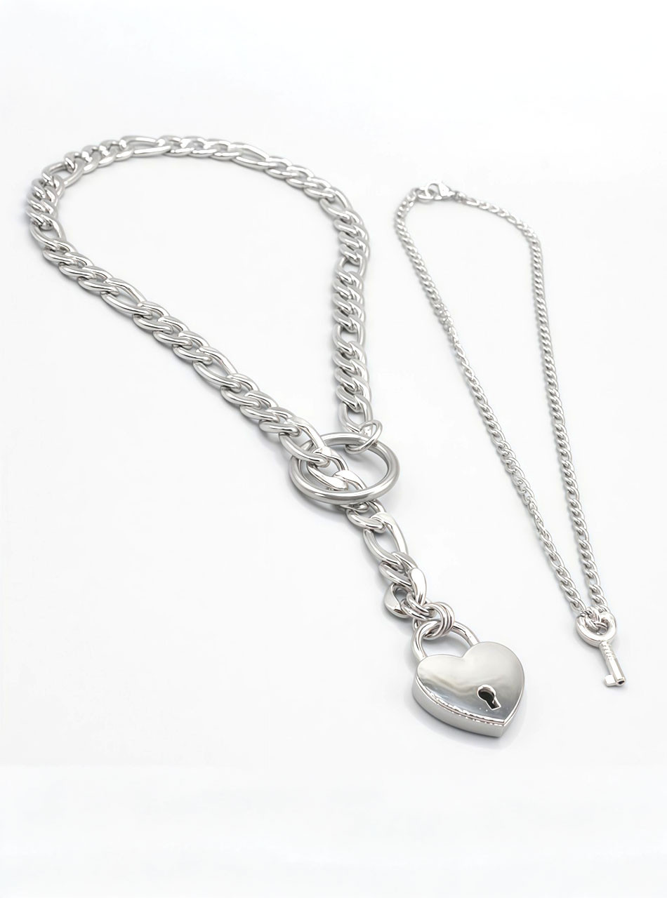 Silver day collar with heart-shaped lock and O-ring laid flat