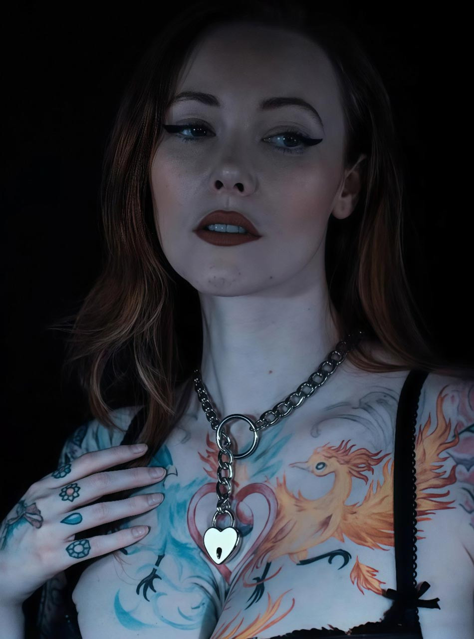 Styled photo of submissive model wearing stainless steel collar