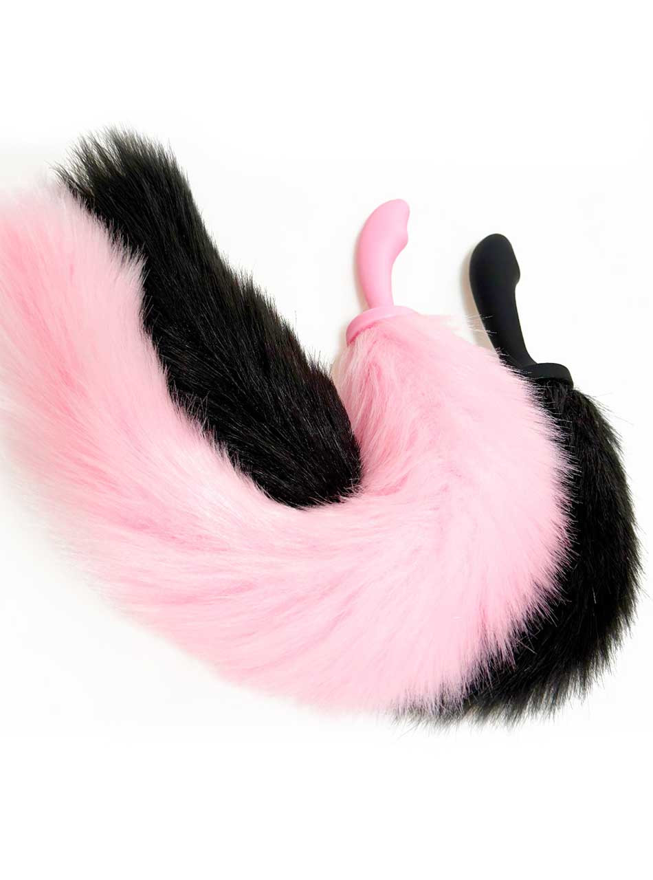 oversized fluffy fox tail plugs in pink and black