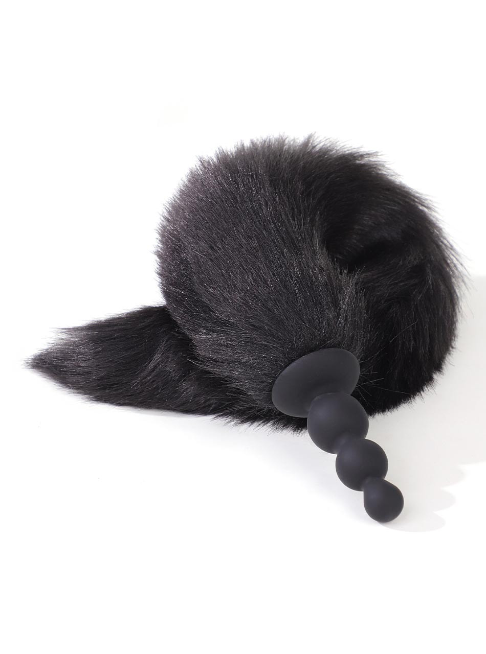 Beaded black fox tail anal plug with oversized faux fur tail