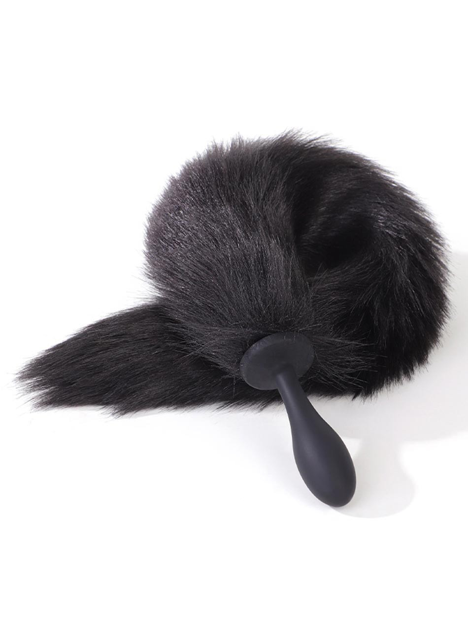 Black fox tail anal plug with oversized fluffy faux fur tail