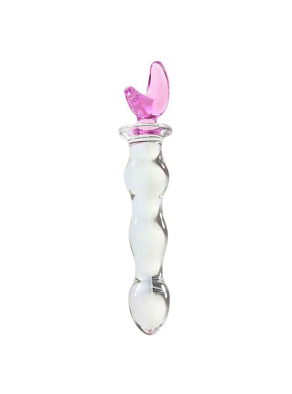 Pink moon crystal glass anal wand with clear curved shaft and sculpted teasing swells