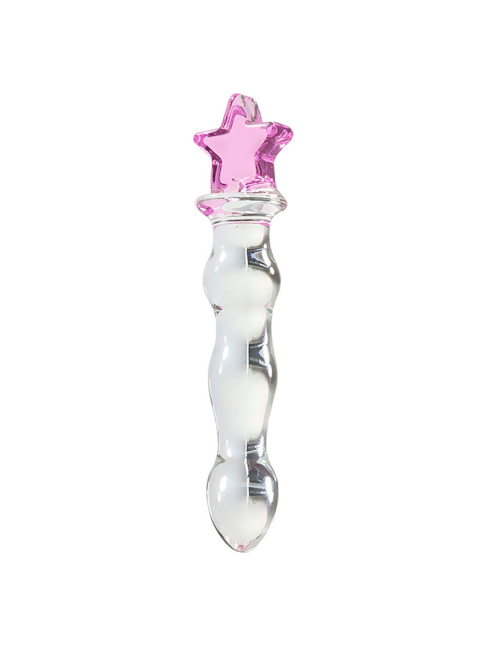 Pink star crystal glass dildo with clear curved shaft and fantasy star-shaped handle