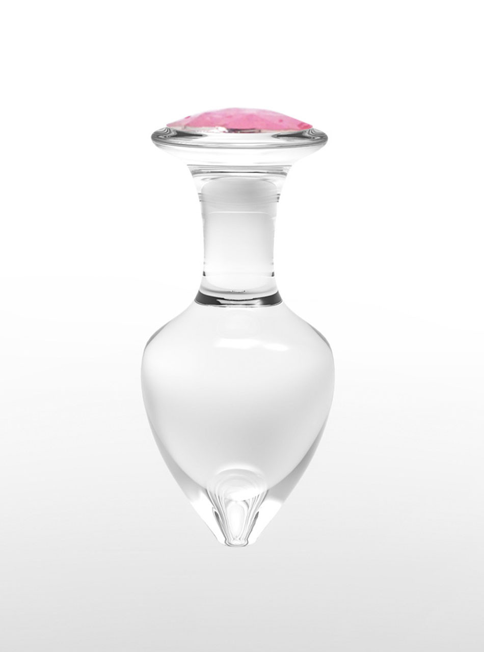 Single pink jewel crystal glass butt plug standing upright with smooth teardrop shape and jewel-style base