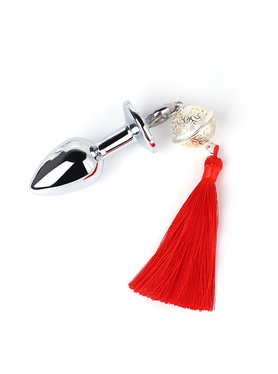 Red tassel metal butt plug with polished silver teardrop plug, decorative bell, and charm ring