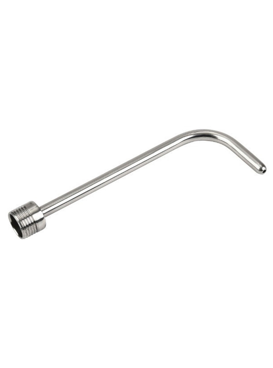 Stainless steel curved anal and vaginal enema douche nozzle with threaded connector on white background