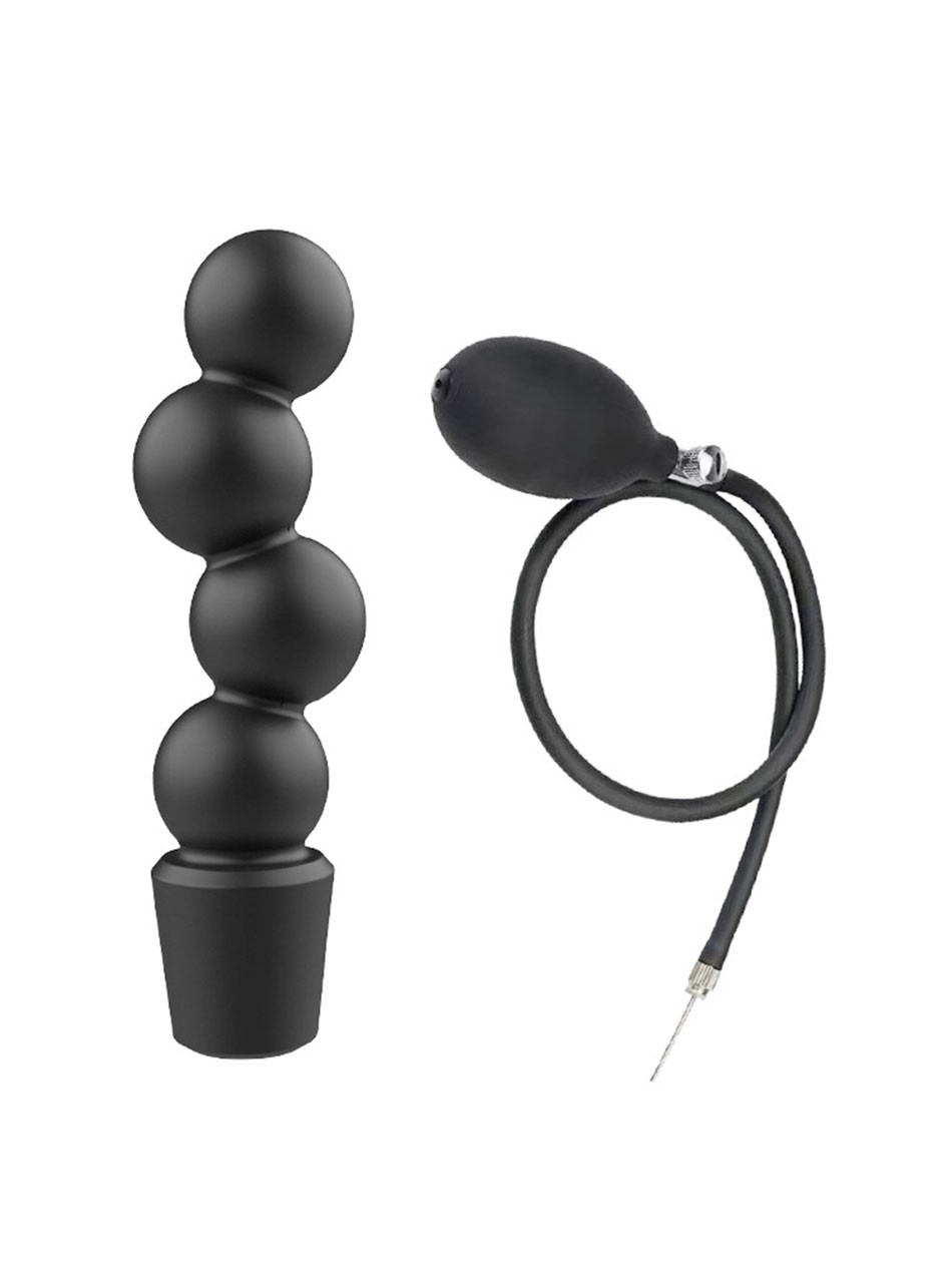 Black inflatable anal bead plug with hand pump and four rounded silicone bulbs