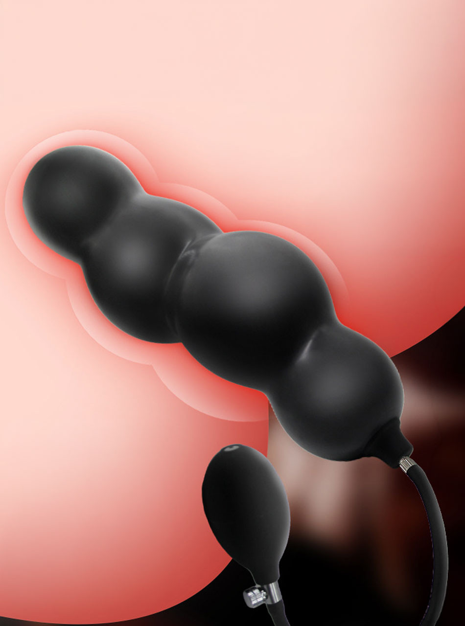Black inflatable anal bead plug showing it in an inflated position inside the body