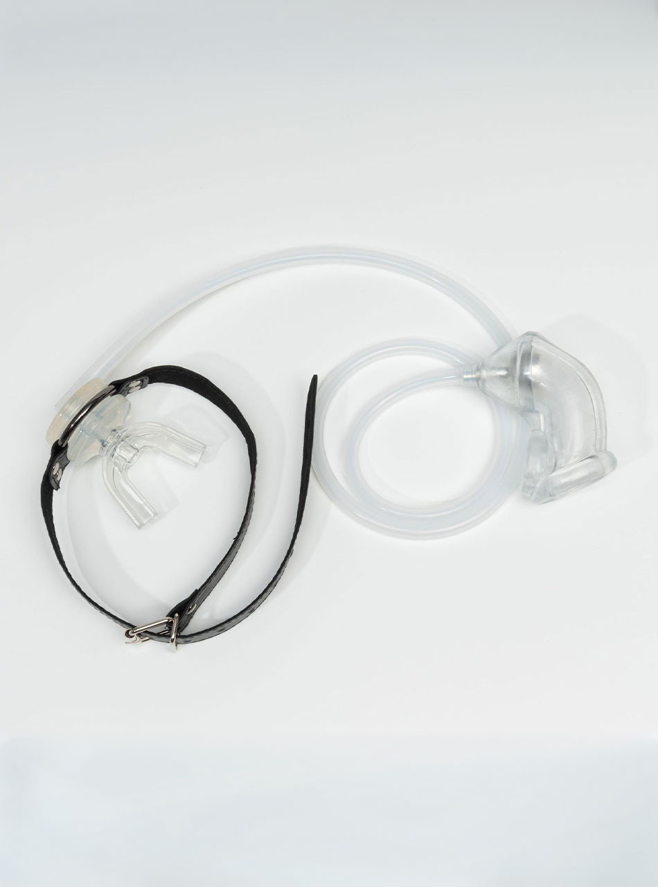 Piss play mouth gag with clear silicone sleeve and tube
