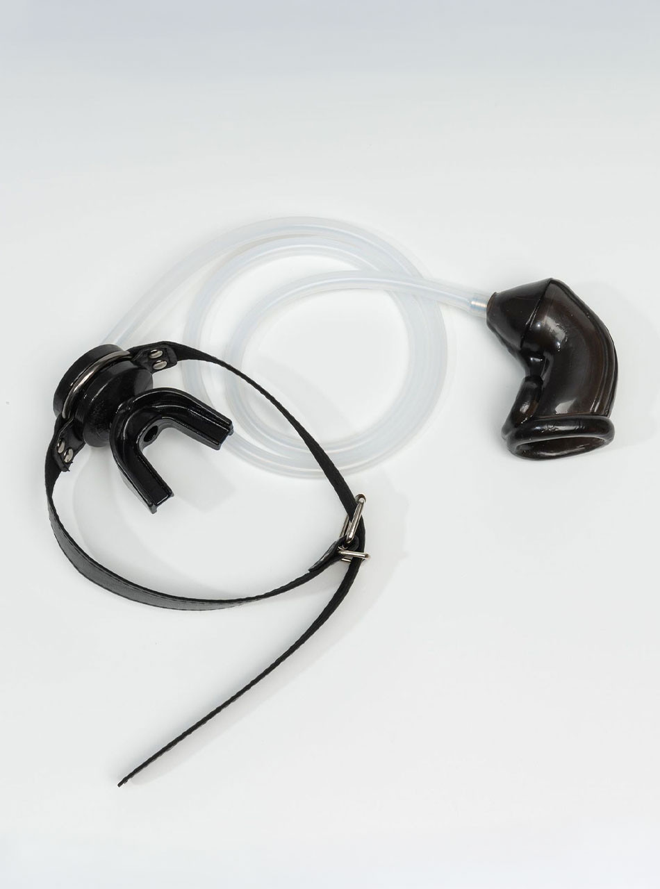 Black mouth gag with black silicone sleeve for watersports play