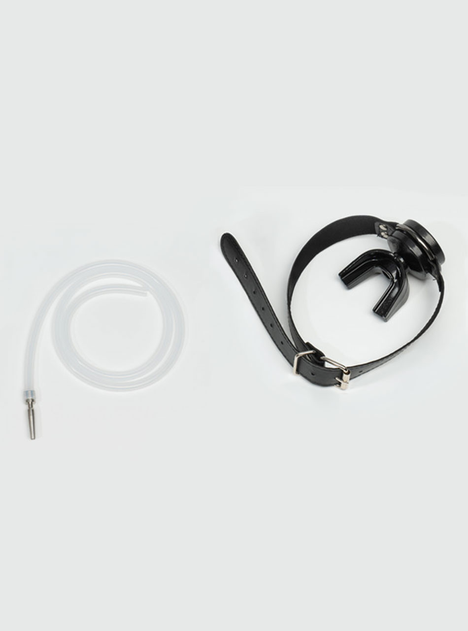 Black piss play mouth gag with clear tube and hollow penis plug