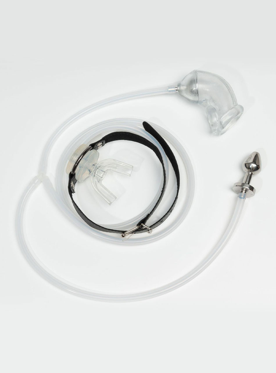 Transparent piss play mouth gag kit with hollow anal plug, clear tube, and clear sleeve