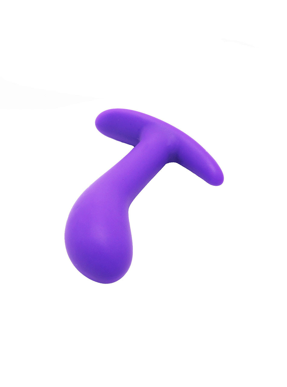 Purple curved silicone anchor butt plug showing rounded tip, curved shaft and wide safety base