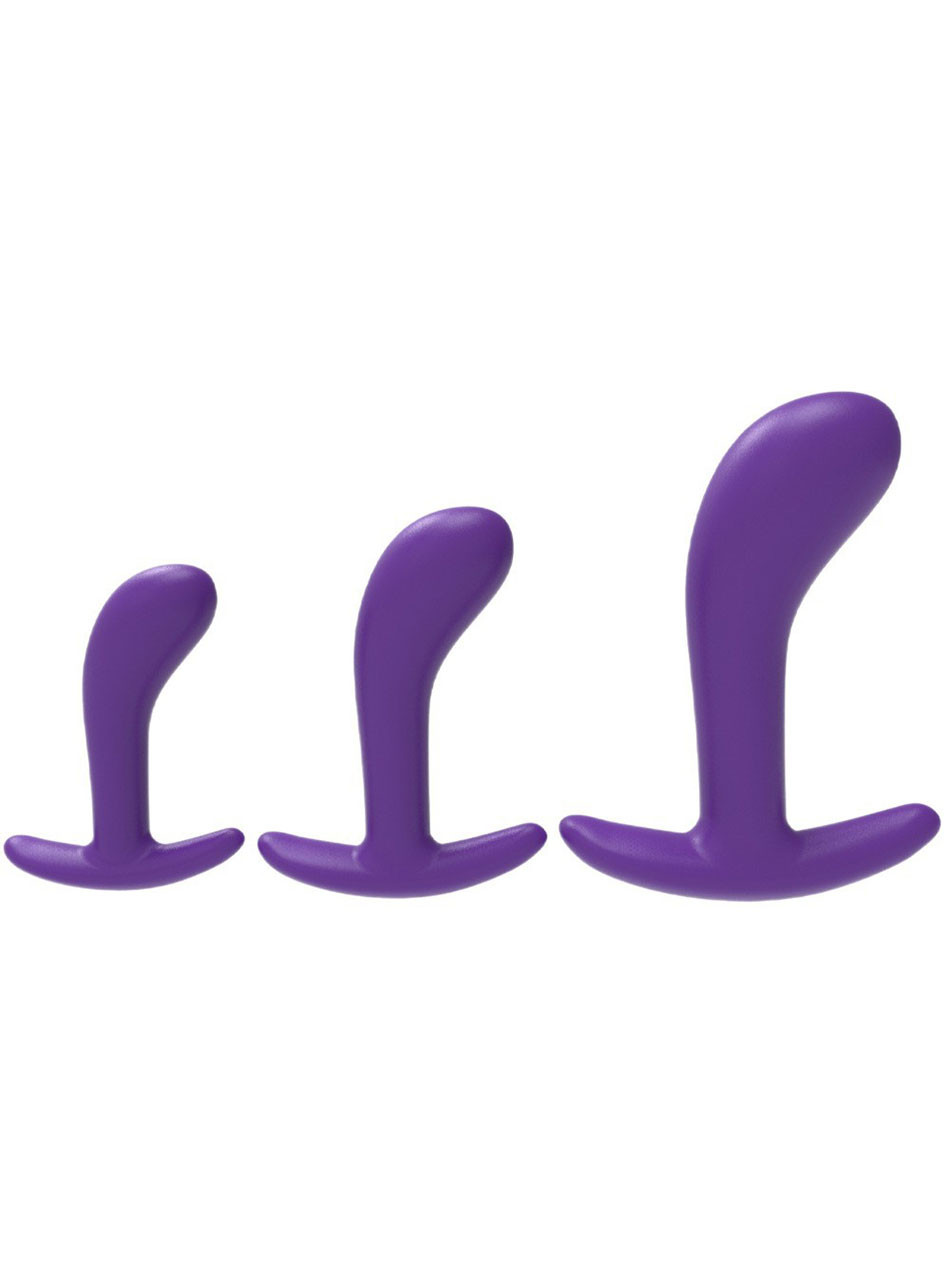 Purple curved silicone anchor butt plug training set with small, medium and large size options