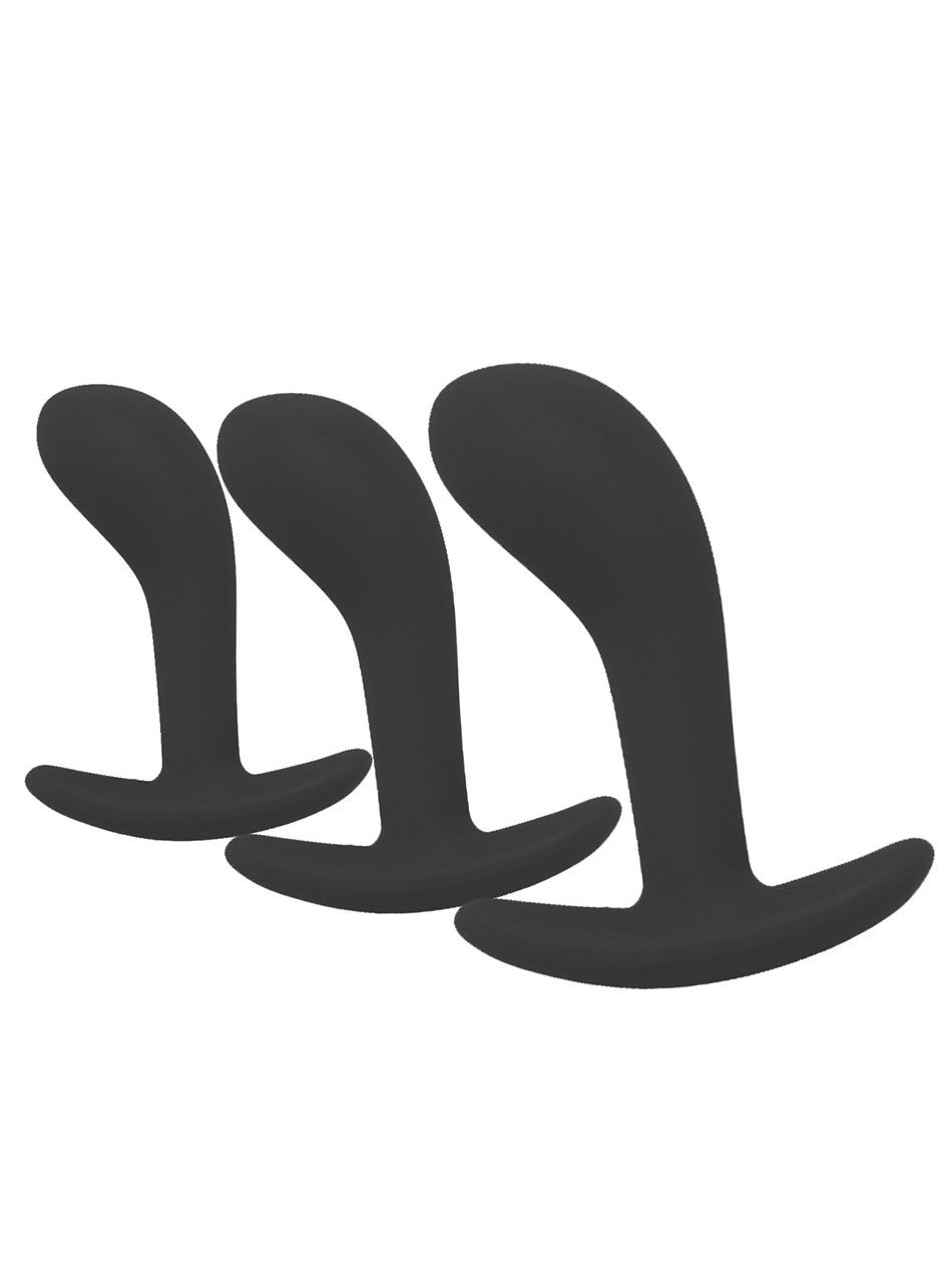 Black curved silicone anchor butt plug training set in small, medium and large sizes
