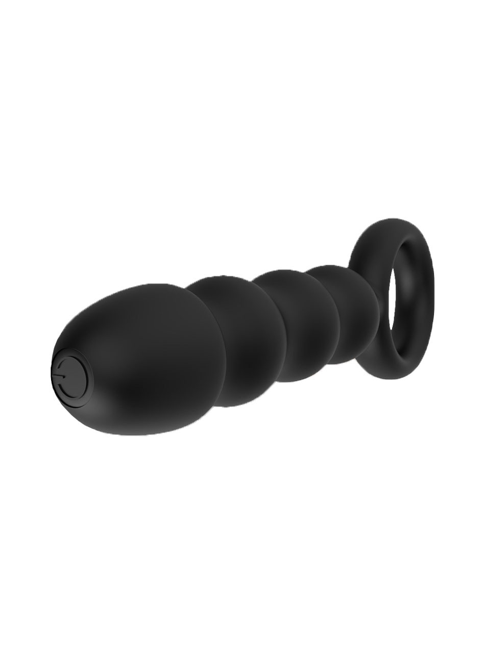 Black 4 bead vibrating anal plug with rounded beads and ring handle