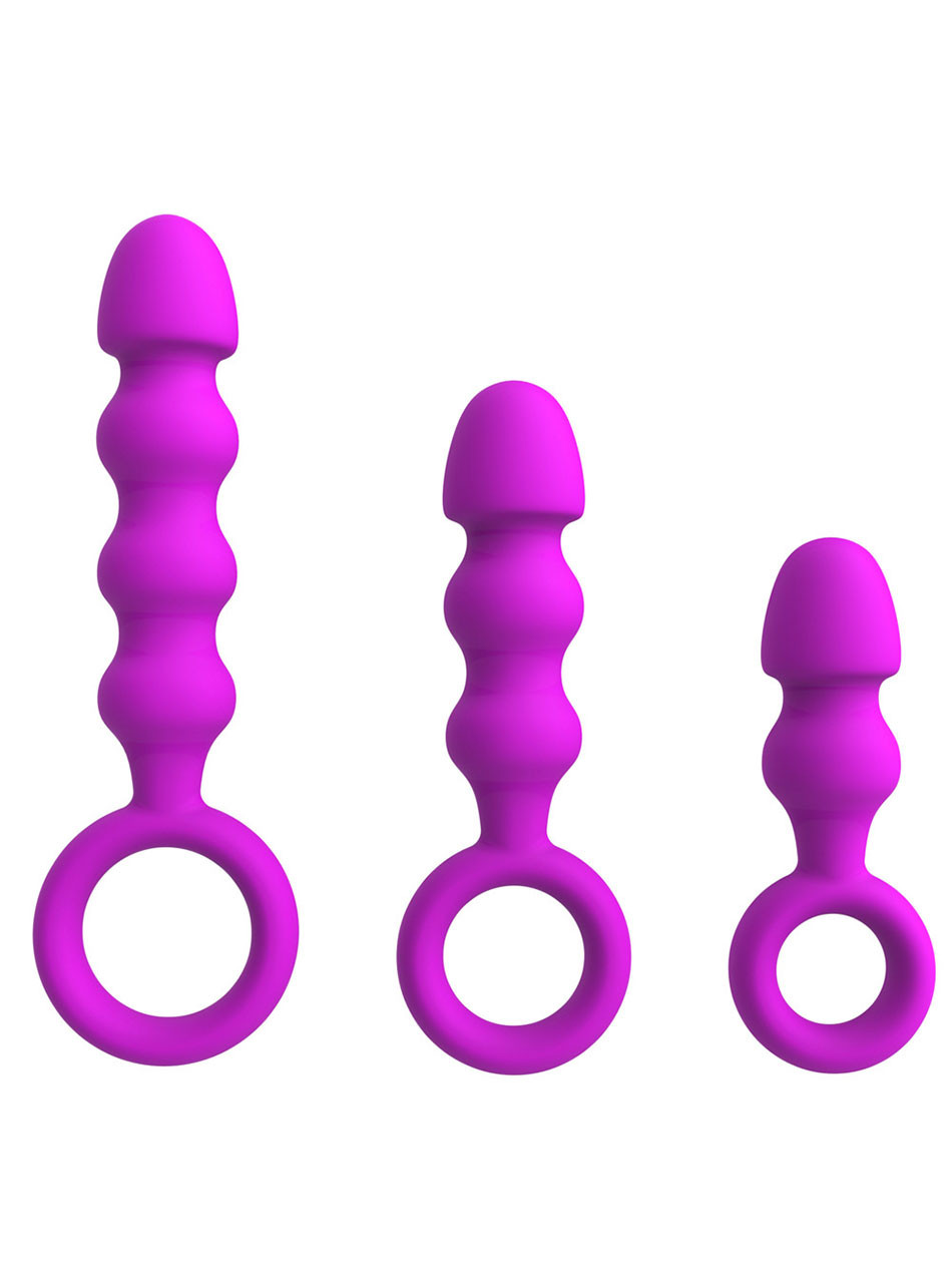 Purple beaded vibrating anal training set with 2, 3 and 4 bead plugs and ring handles