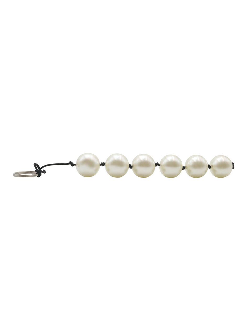 Six pearl bead vaginal toy with black cord and silver pull ring