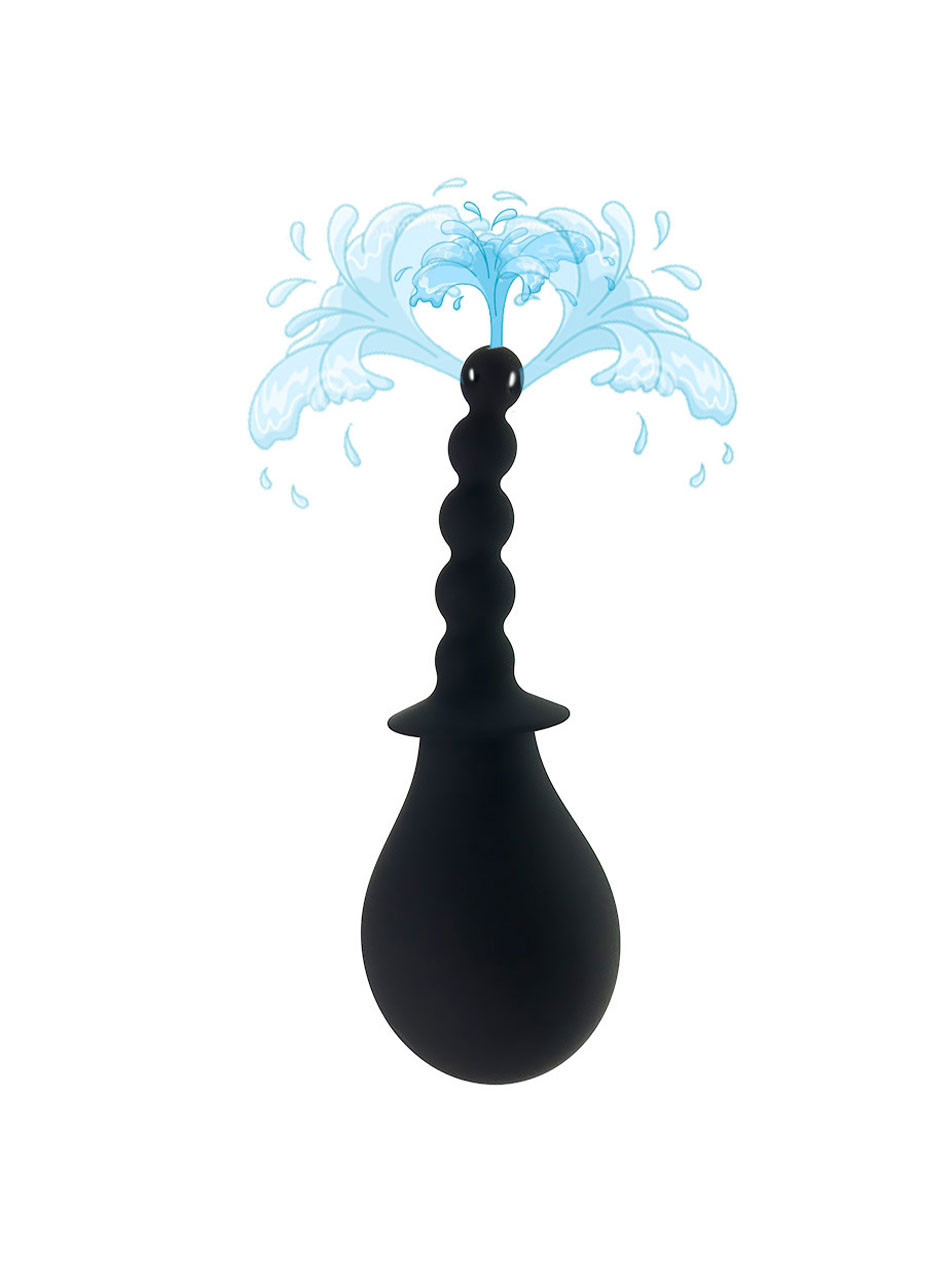 Black silicone beaded anal douche bulb with water spray from tip