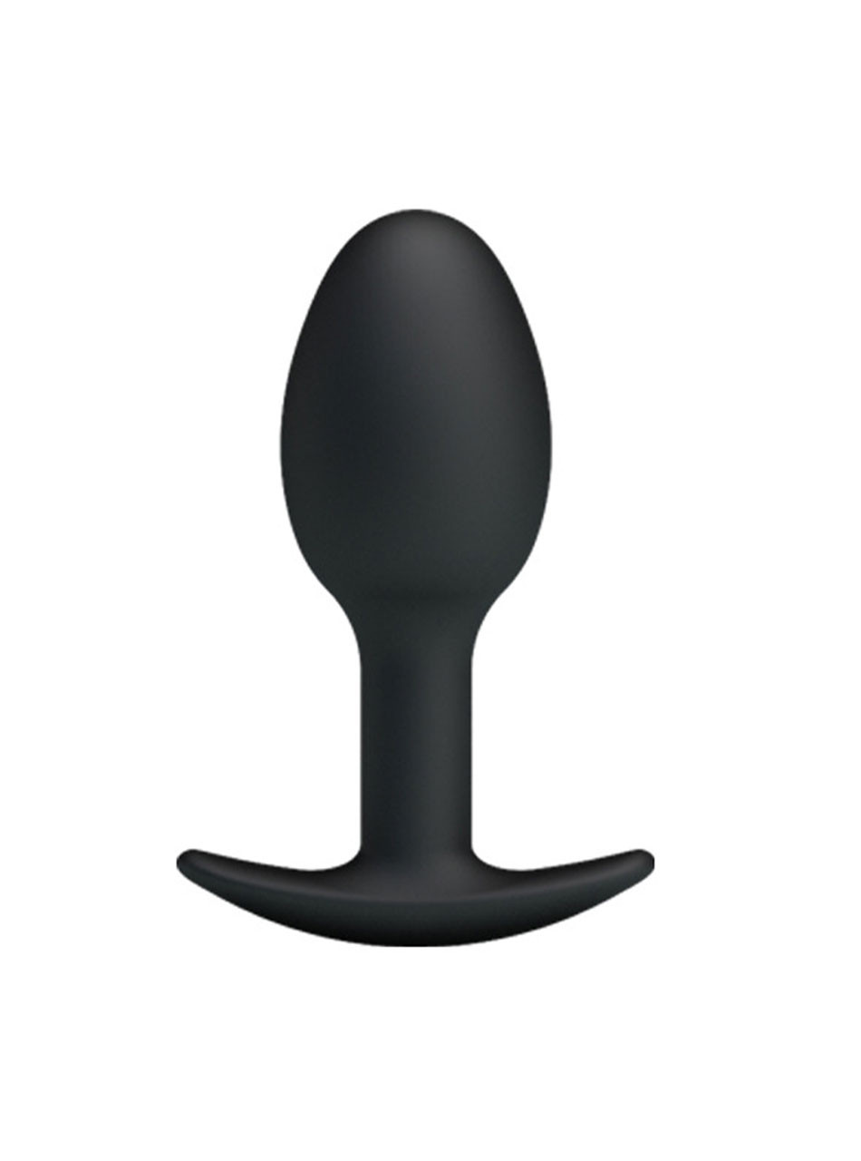 Black silicone anchor butt plug with rounded bulb and curved base