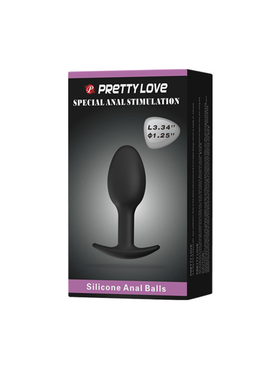 Black silicone rolling ball butt plug shown with retail packaging