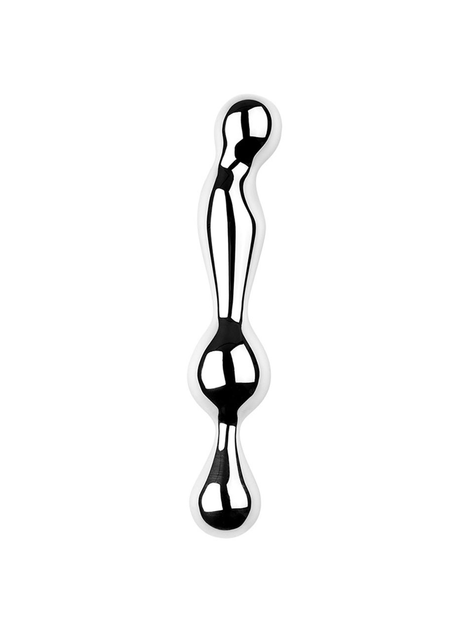 Polished silver stainless steel vaginal stimulator with curved body and graduated rounded ends