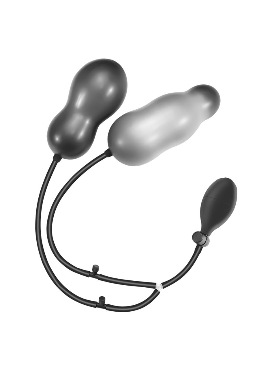 Dual inflatable silicone anal plug system with inflated 2 bead and 3 bead plugs, hand pump and separate air valves