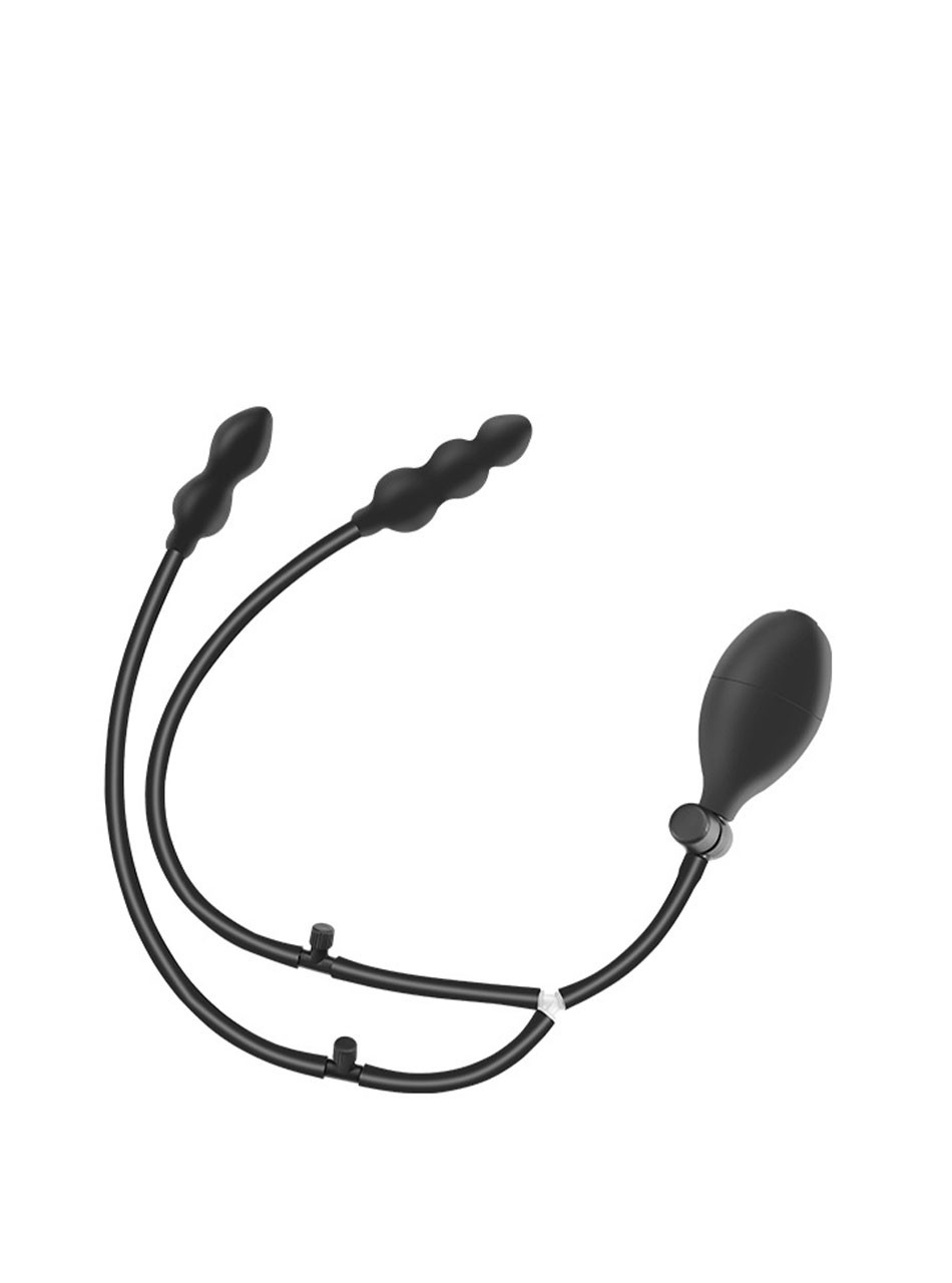 Dual inflatable silicone anal plug system with deflated 2 bead and 3 bead plugs connected to a hand pump