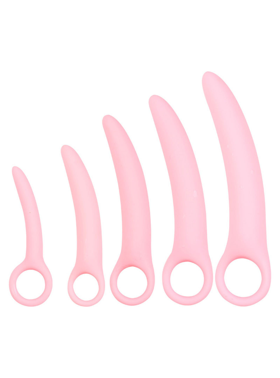 Pink curved silicone ring handle butt plug set in five progressive sizes