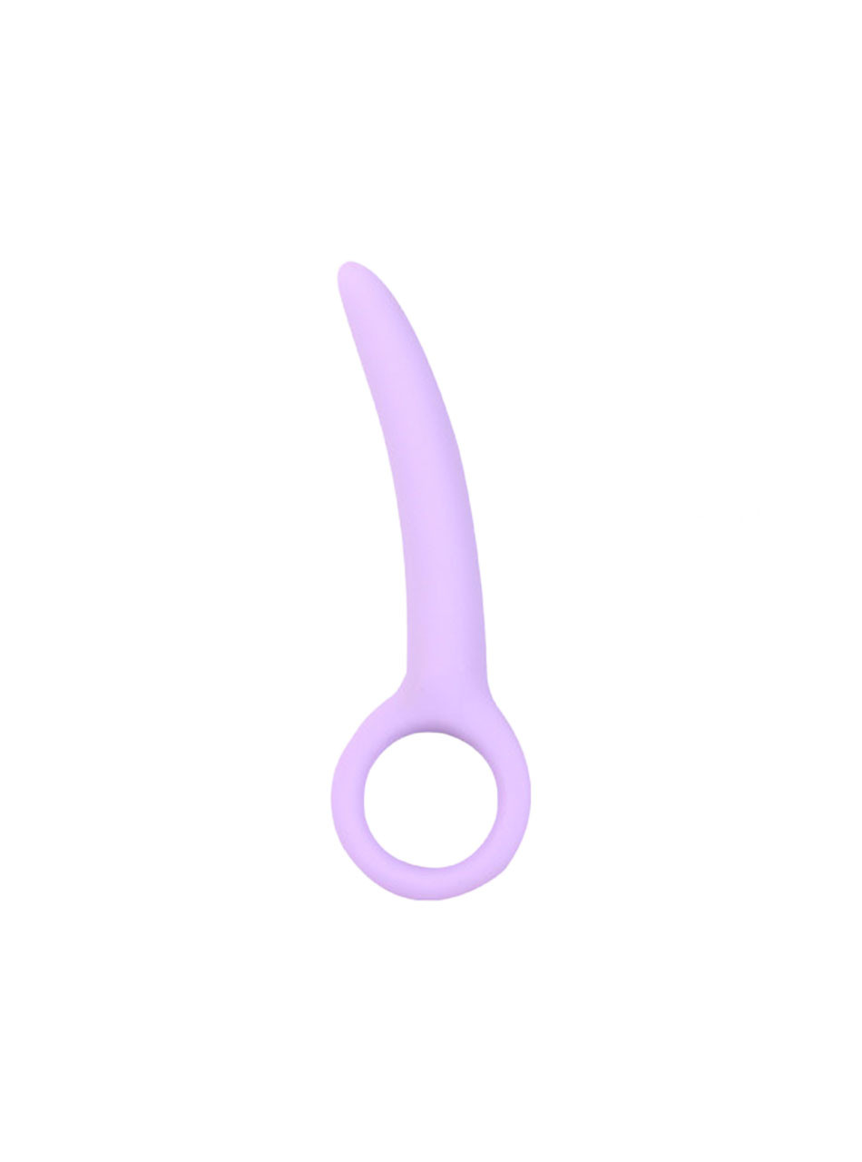 Purple Size 1 curved silicone ring handle butt plug measuring 108 mm (4.25 in) long and 18 mm (0.71 in) wide