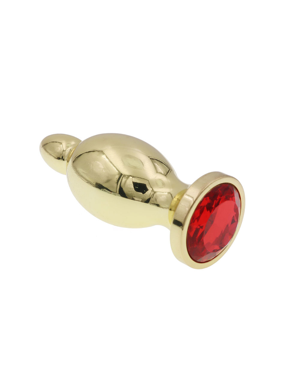 Gold stainless steel jewelled butt plug with red crystal flared base