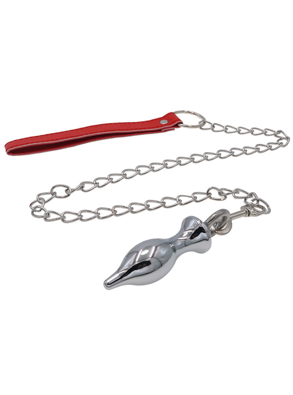 Silver alloy chain leash butt plug with metal chain and red wrist strap