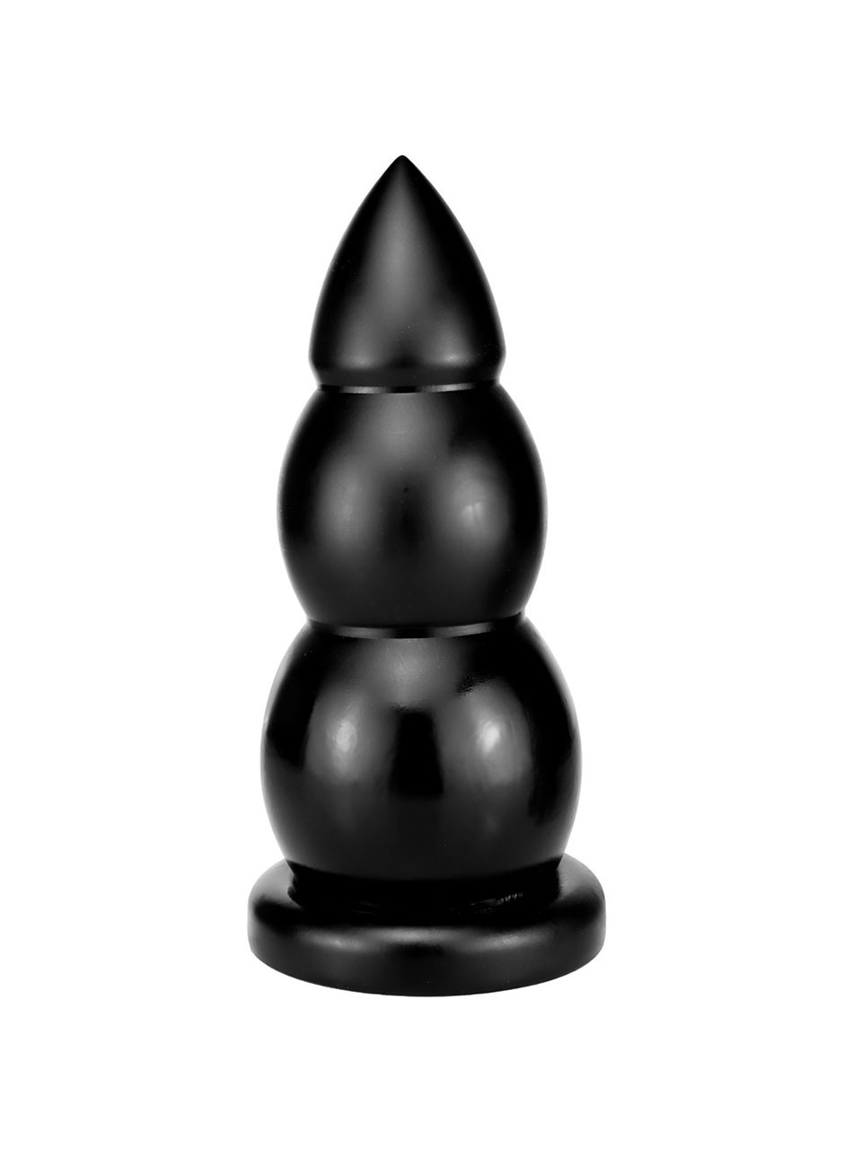 Black triple bulb extreme butt plug with pointed tip, suction base and 9.8 cm (3.85 in) widest diameter