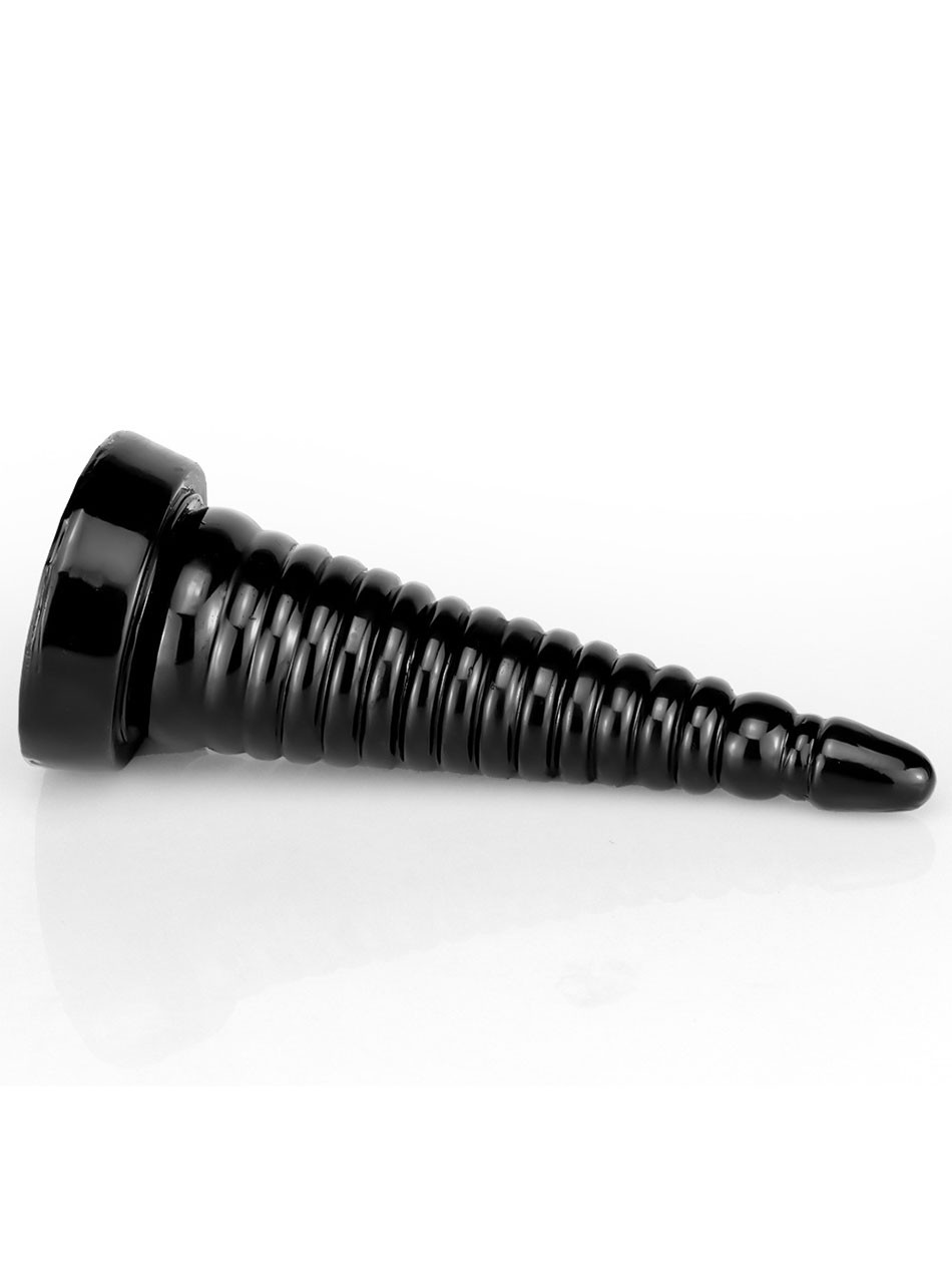 Extreme black ribbed suction butt plug with tapered tip and wide base