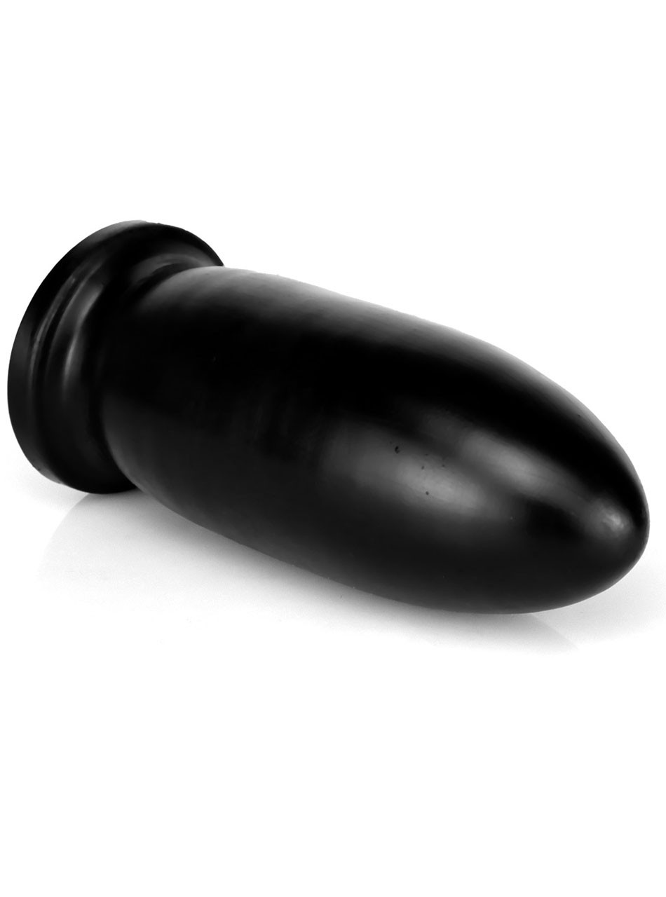 Black extreme solid suction butt plug measuring 20.3 cm (7.99 in) with a 7.3 cm (2.87 in) widest diameter