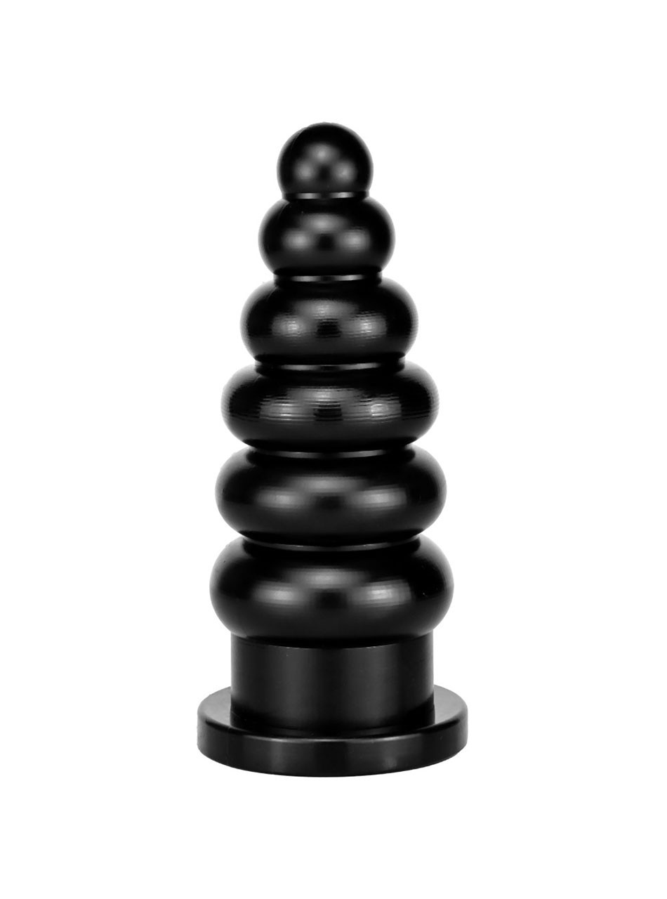 Black extreme stacked bulb suction butt plug with solid body and wide suction base