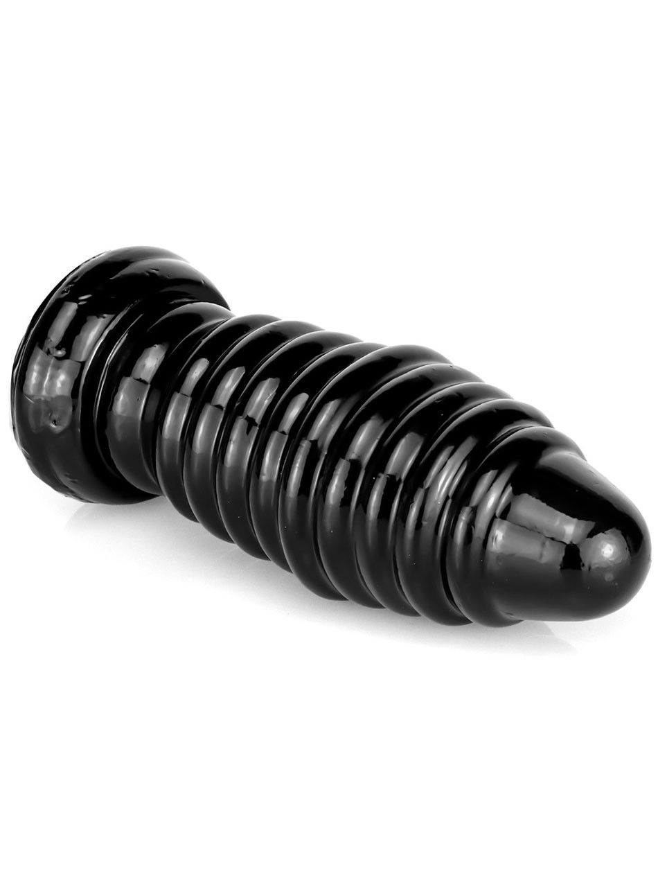 Black ribbed suction butt plug lying on its side with rounded tip and full-body raised rings