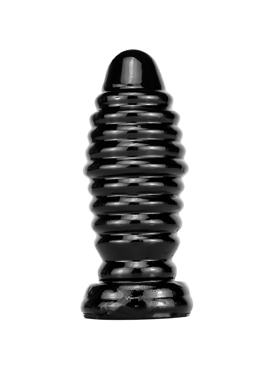 Black extreme ribbed barrel suction butt plug standing upright on a white background