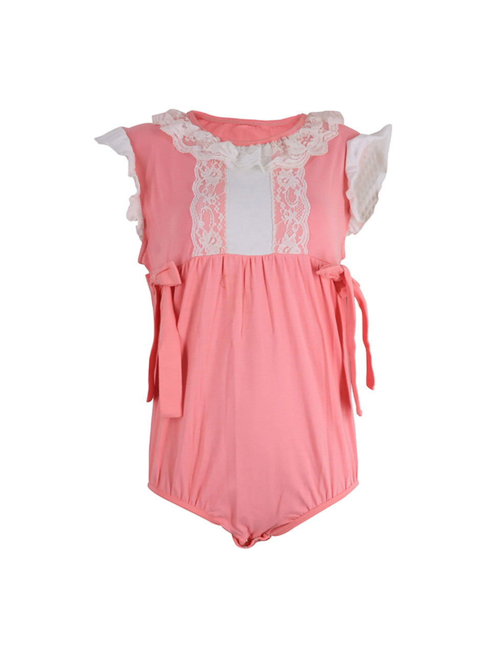 Adorable pink adult onesie with intricate lace details, evoking a girlish, dress-like charm for ABDL fashion enthusiasts.