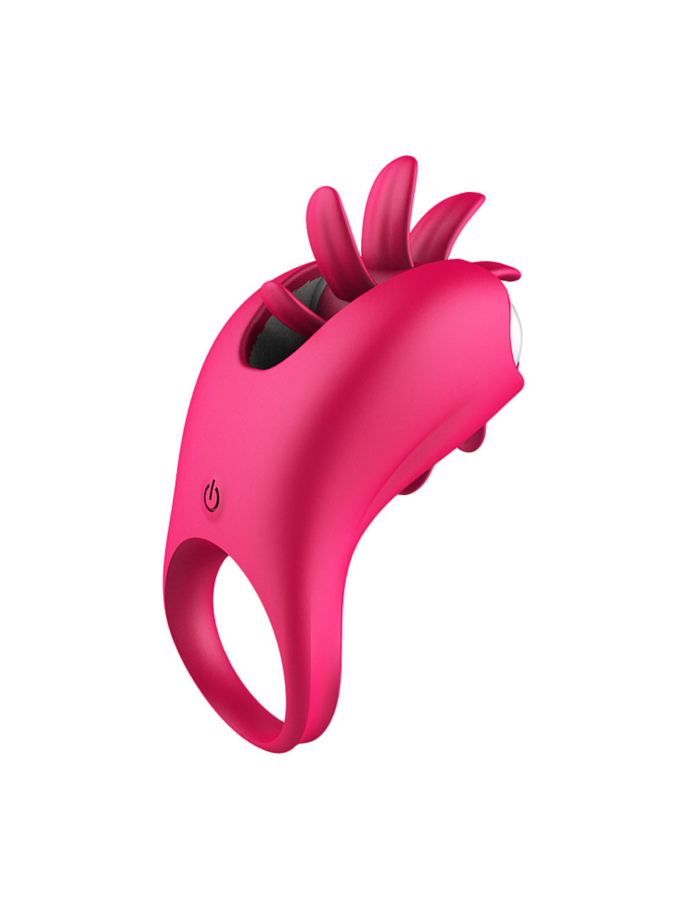 Pink silicone vibrating cock ring with flexible tongue-style clit stimulation tips.