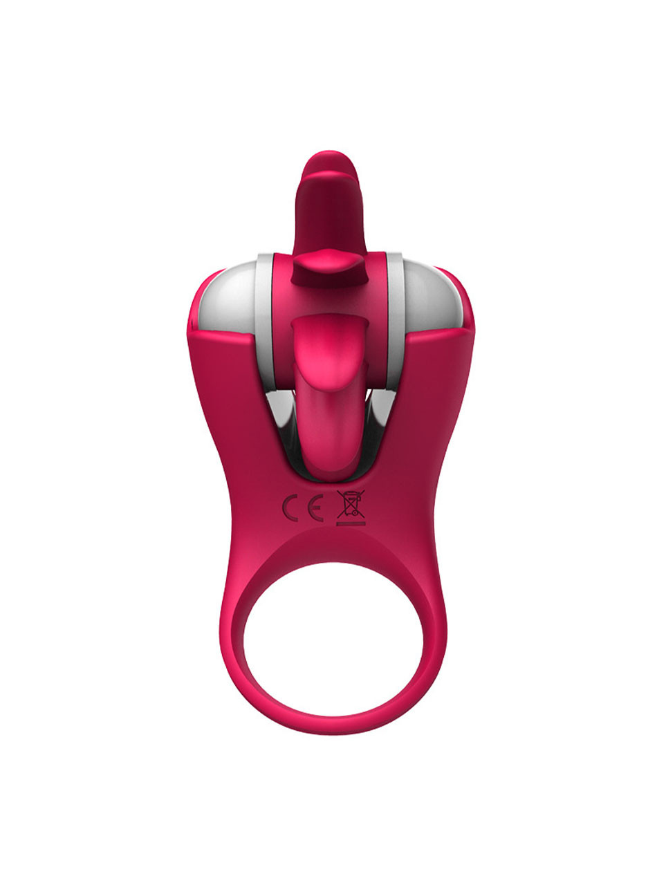 Back view of pink vibrating silicone cock ring showing wearable shaft loop and stimulation head.