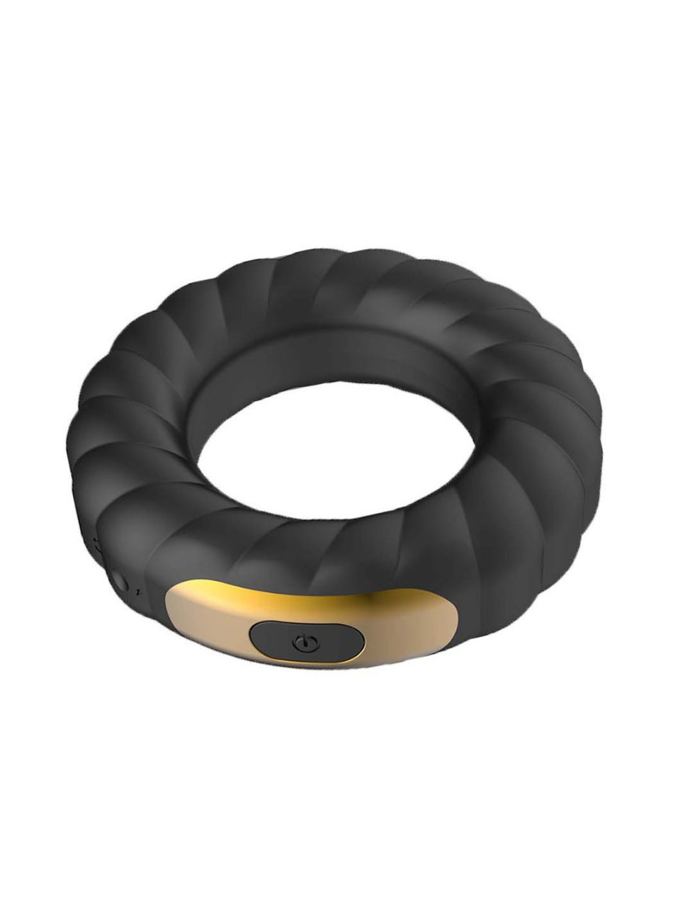 Black and gold Tire Grip vibrating cock ring with textured silicone body and single-button control panel.