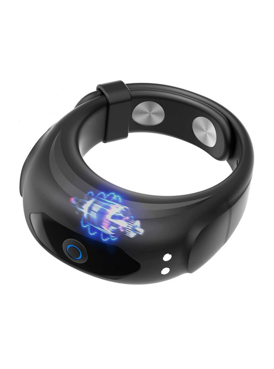 Smartwatch style adjustable vibrating cock ring with black liquid silicone body and silver control panel.