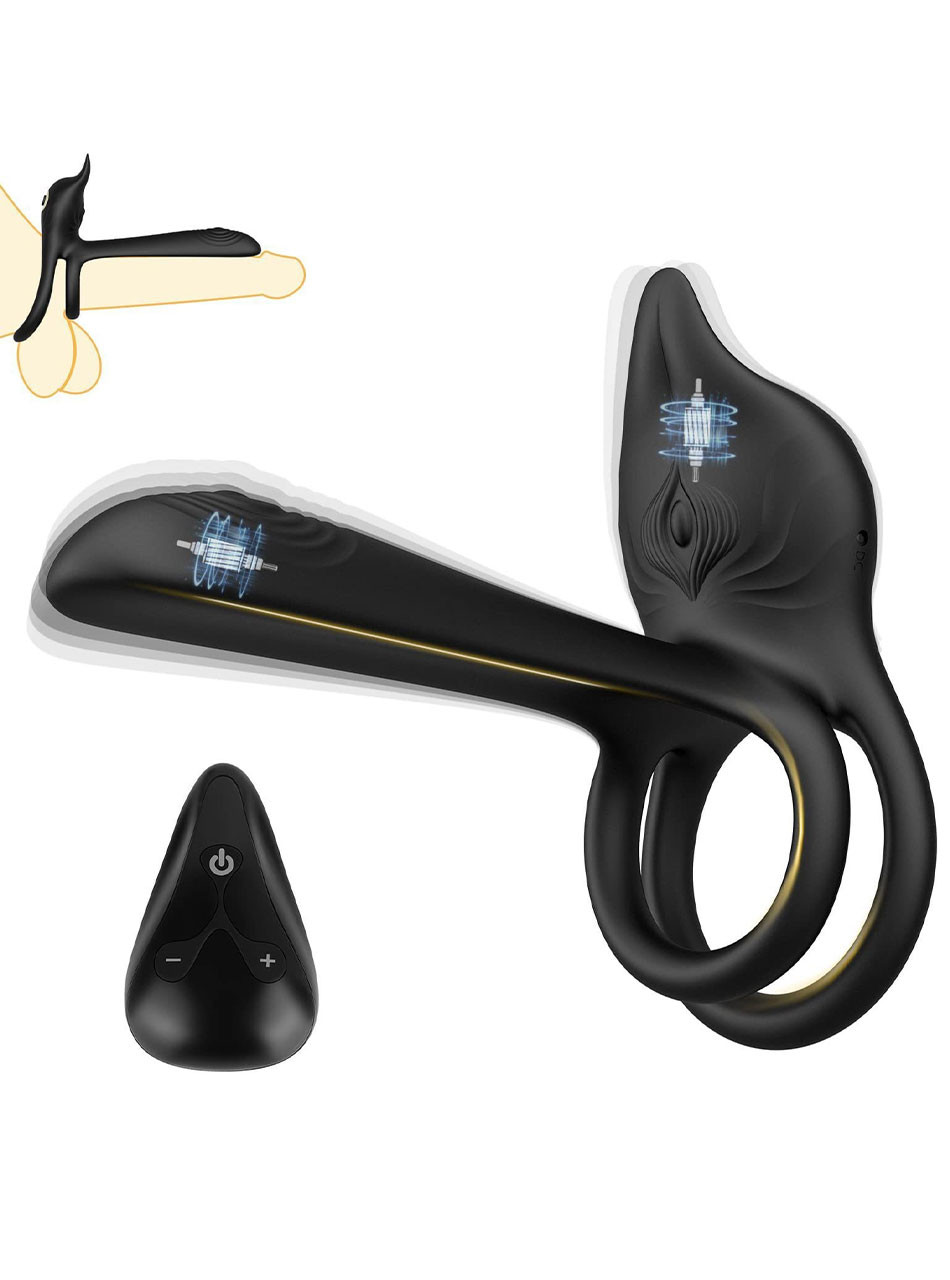Little Devil 3-in-1 remote vibrating cock ring in black silicone with dual motors and remote control