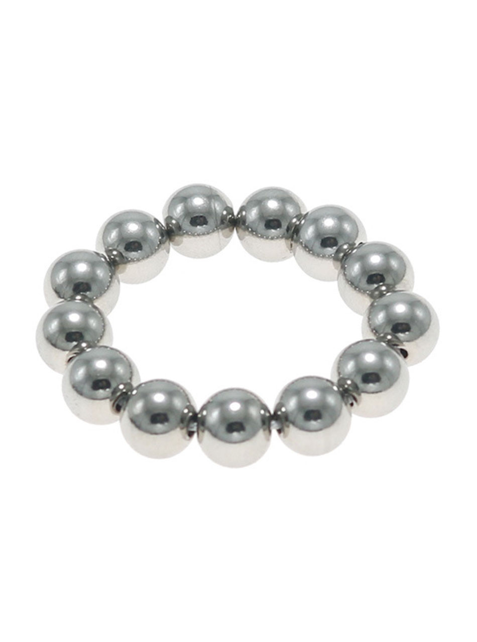 Close up of stainless steel beaded cock ring with polished silver beads