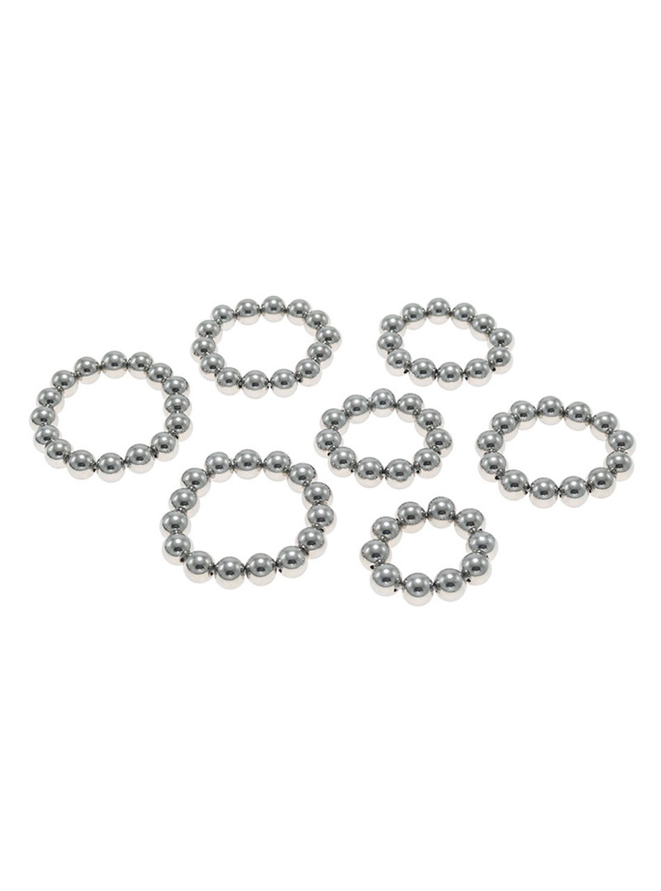 Stainless steel beaded cock ring set shown in different size options