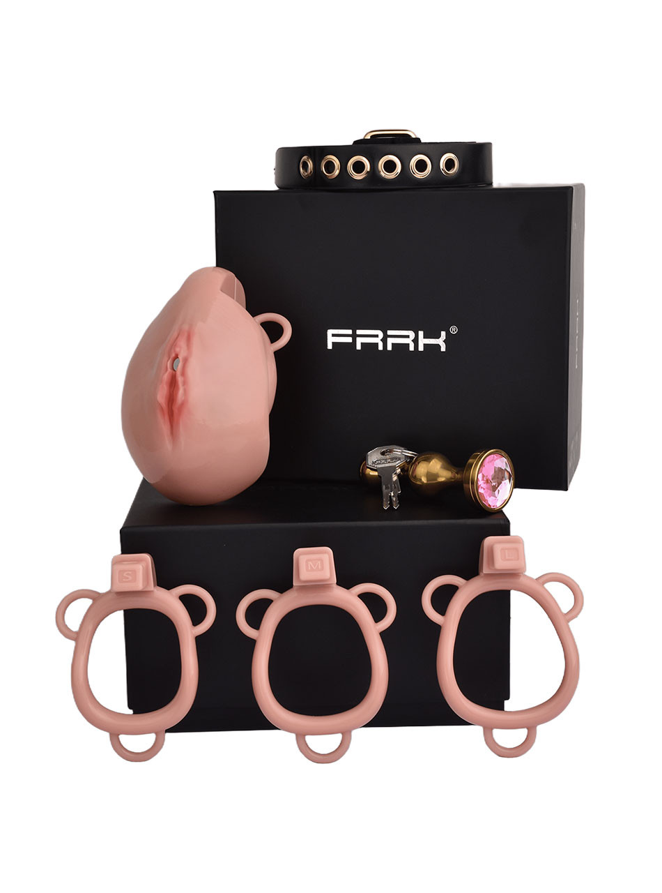 nude resin vagina chastity cage set with belt, rings, lock, keys, and gold plug displayed with black gift box