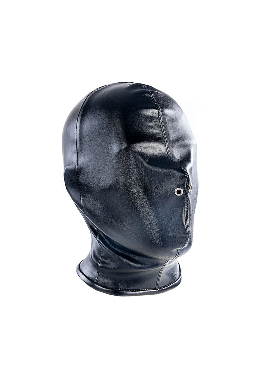 Black full-face faux leather sensory deprivation hood with two reinforced nose holes, side view