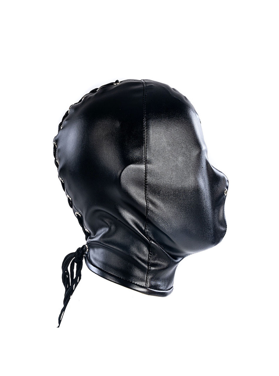 Rear view of black faux leather bondage hood with adjustable lace-up closure