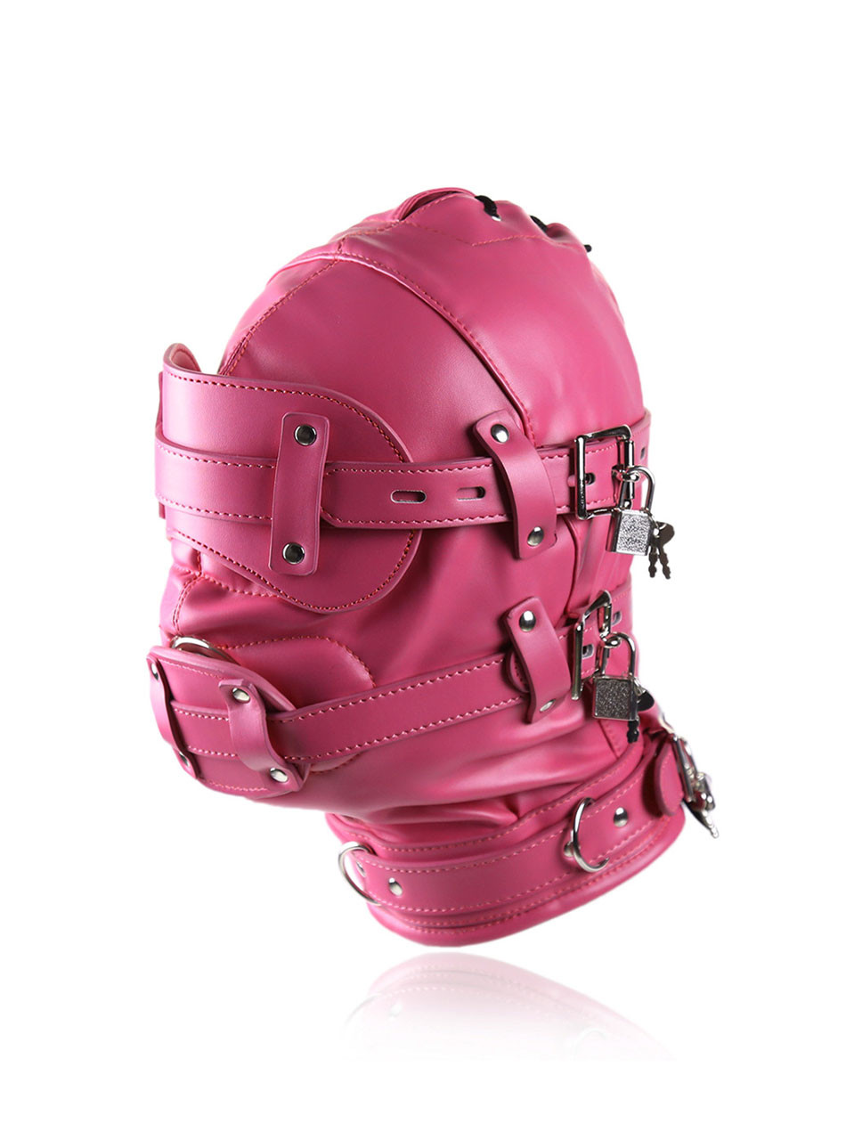 Rose Dominion full faux leather bondage hood with blindfold, mouth restraint, neck strap and three padlocks
